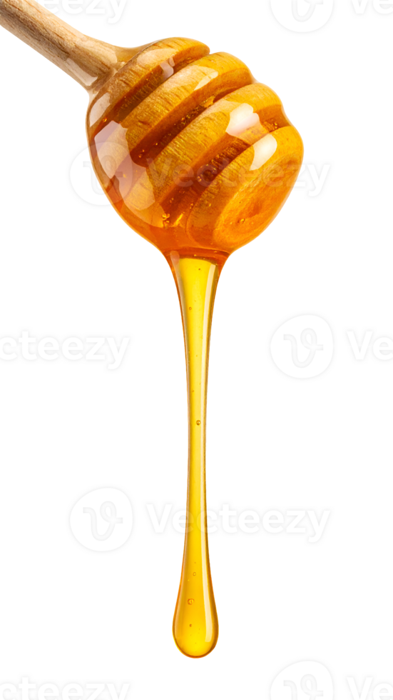 long golden stream of honey dripping from wooden dipper, rich natural syrup on isolated background for health and cooking concept png