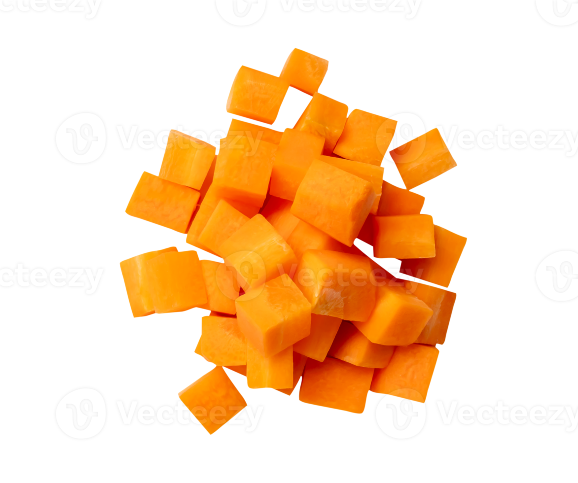 Top view of orange carrot slices in cube shape in stack isolated with clipping path in file format png