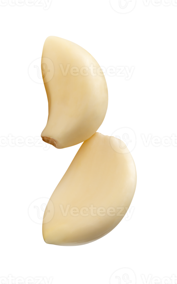 Side view of two peeled garlic cloves or pieces in stack isolated with clipping path in file format png