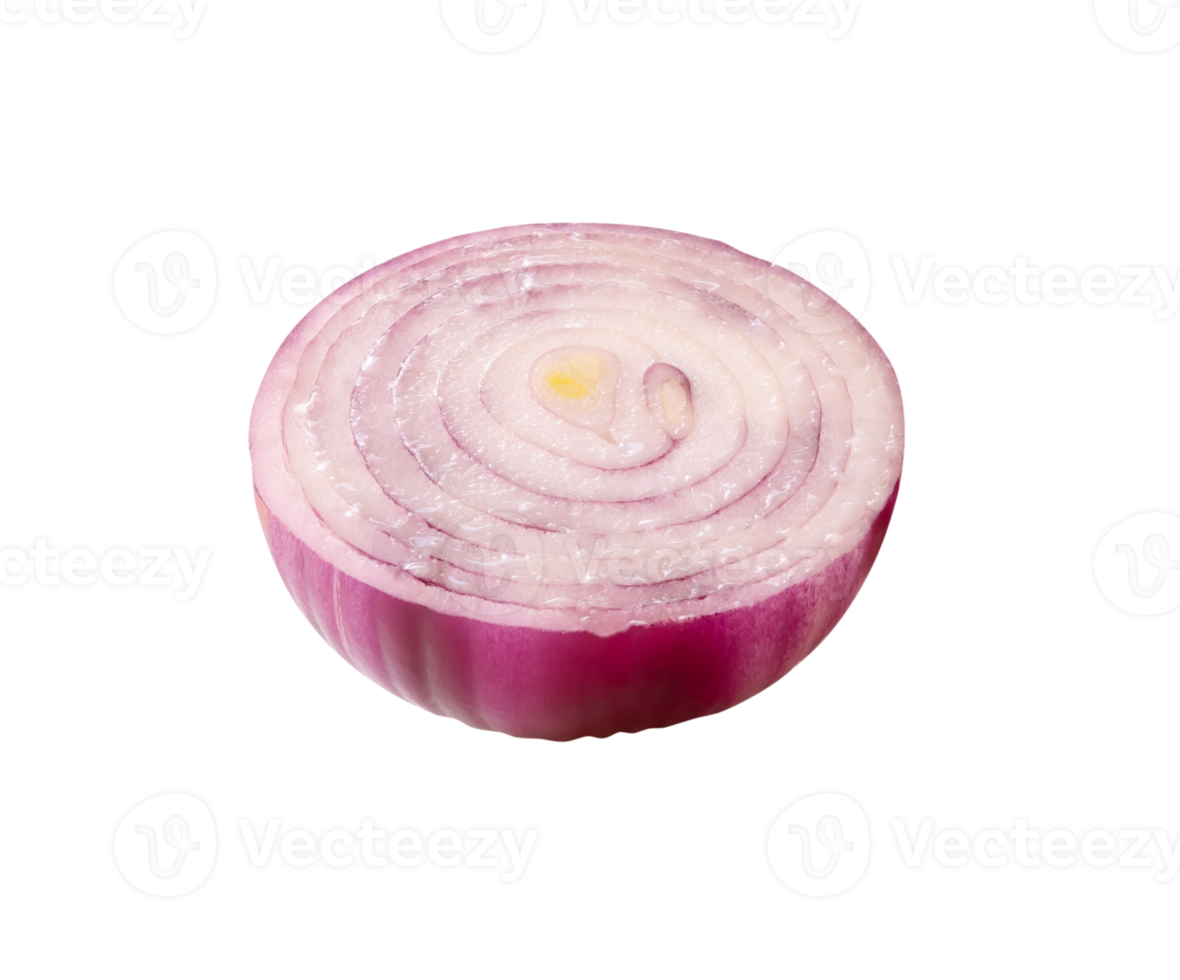 Fresh peeled red or purple Spanish onion bulb in half isolated in file format png