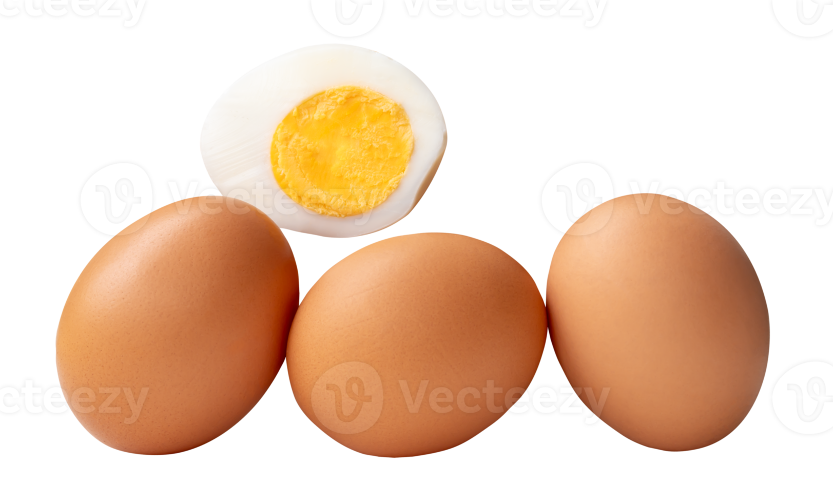 Front view of raw brown chicken eggs and cooked or boiled chicken egg with egg yolk in half in stack isolated in file format png