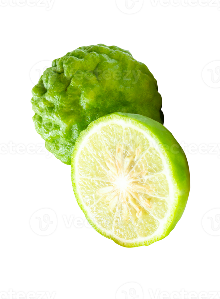 Bergamot fruit or kaffir lime with half in stack isolated with clipping path in file format png