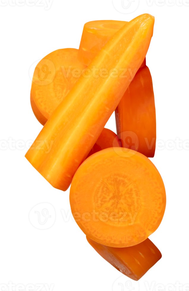 Carrot slices or pieces in stick and circles in stack isolated with clipping path in file format png