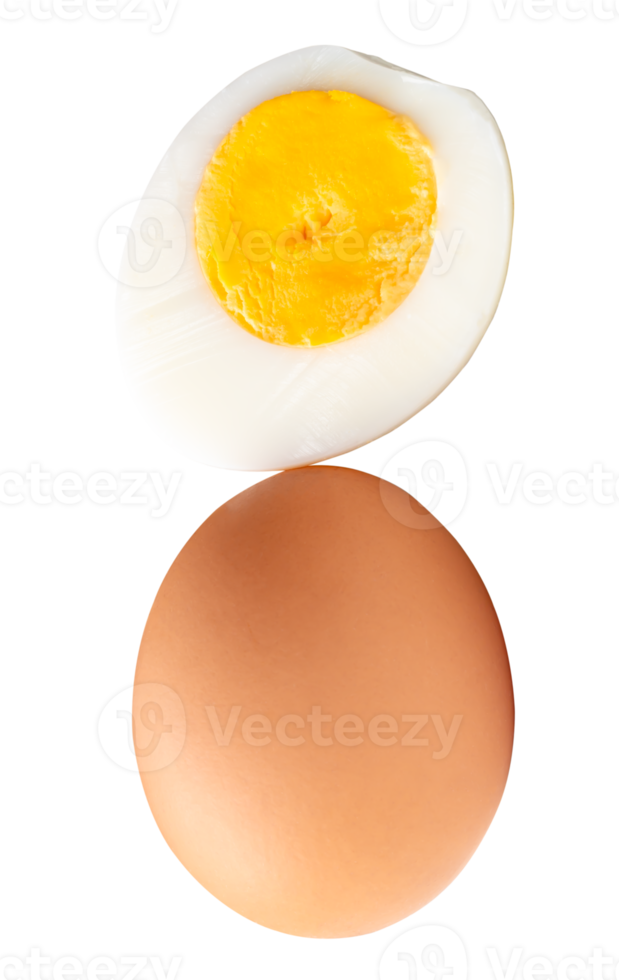 Chicken egg and peeled cooked or boiled egg with egg yolk in half isolated with clipping path in file format png