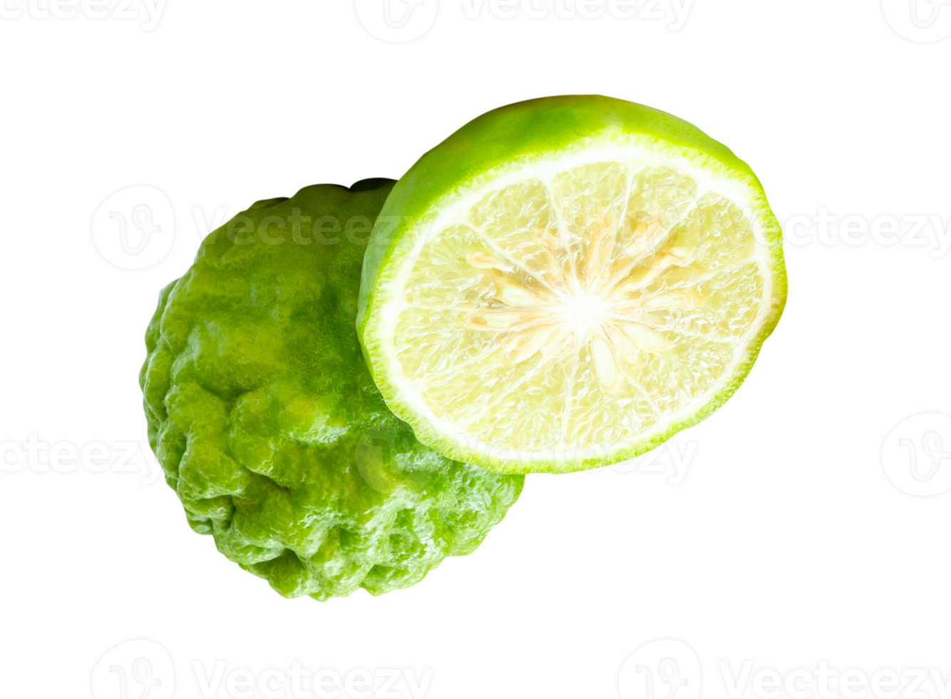 Single bergamot fruit or kaffir lime with half in stack isolated with clipping path in file format png