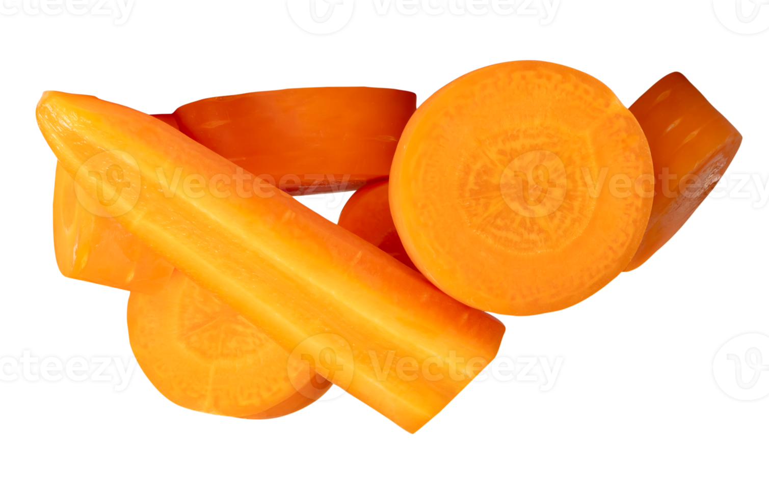 Top view of orange carrot slices or pieces in stick and circles in stack isolated with clipping path in file format png