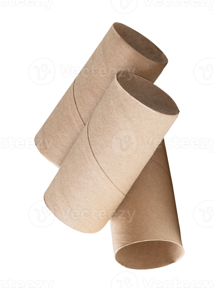 A group of tissue paper cores or toilet paper tubes in stack after used out of tissue paper isolated with clipping path in file format png