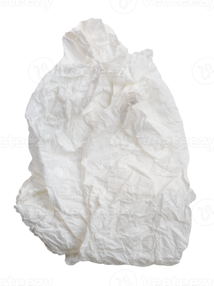 Top view of white crumpled tissue paper ball after use isolated with clipping path in format png