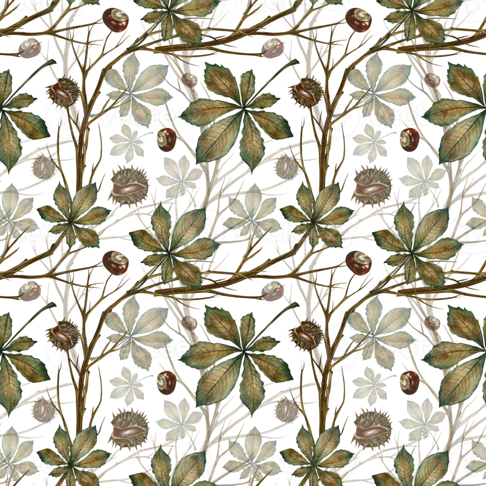 Seamless pattern with autumn chestnut leaves, twigs and fruits. Handmade watercolor illustration. Color image. Great for packaging, decor, textiles, wallpaper, for printing and wrapping paper. png