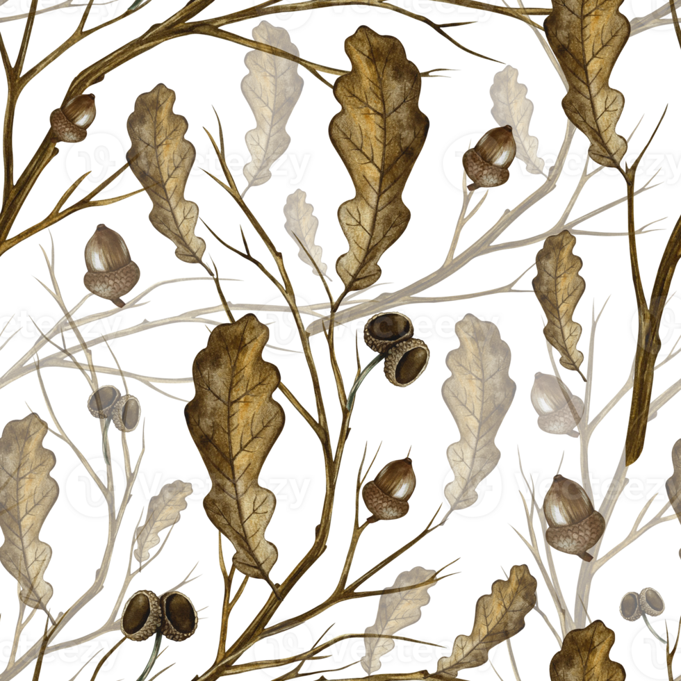 Seamless pattern with autumn oak leaves and branches. Handmade watercolor illustration. Color image. Great for packaging, decor, textiles, wallpaper, for printing and wrapping paper. png