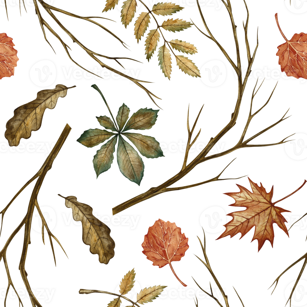 Seamless pattern with different autumn leaves and branches. Handmade watercolor illustration. Color image. Great for packaging, decor, textiles and wallpaper, for printing and wrapping paper. png
