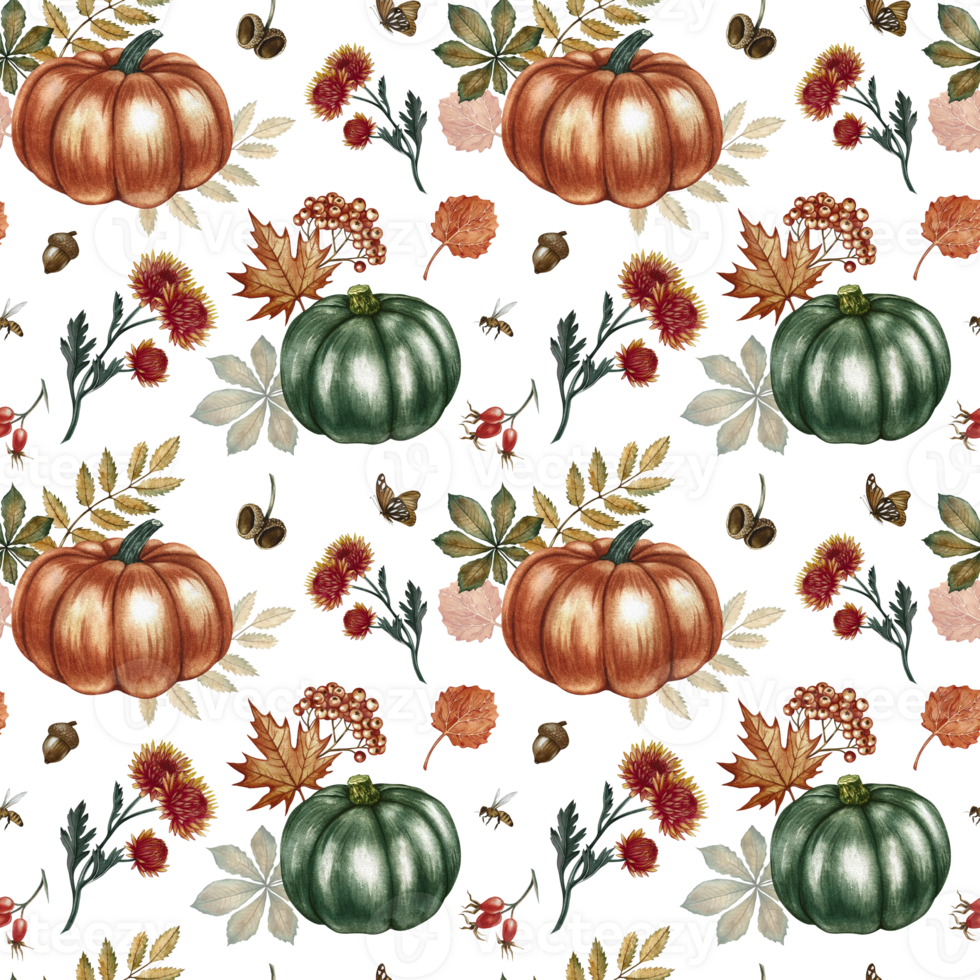 Seamless autumn pattern with pumpkins, leaves and flowers. Handmade watercolor illustration. Color image. For packaging, decor, textiles, wallpaper. As well as for printing and wrapping paper. png