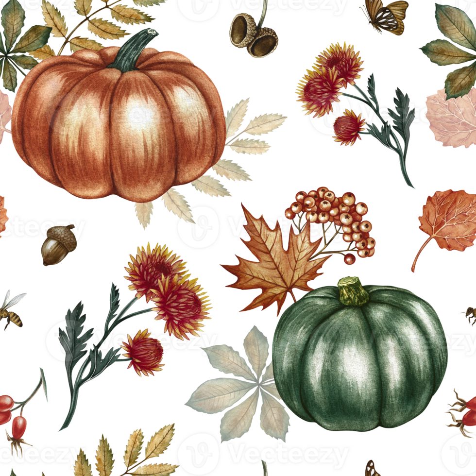 Seamless autumn pattern with pumpkins, leaves and flowers. Handmade watercolor illustration. Color image. For packaging, decor, textiles and wallpaper. As well as for printing and wrapping paper. png