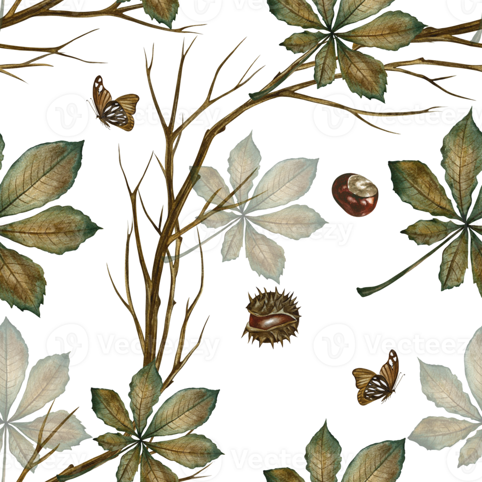 Seamless pattern with autumn chestnut leaves, twigs and fruits. Handmade watercolor illustration. Color image. Great for packaging, decor, textiles and wallpaper, for printing, wrapping paper. png