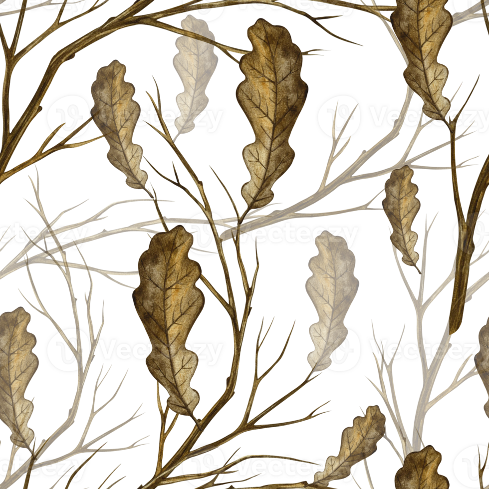 Seamless pattern with autumn oak leaves and branches. Handmade watercolor illustration. Color image. Great for packaging, decor, textiles and wallpaper, for printing and wrapping paper. png