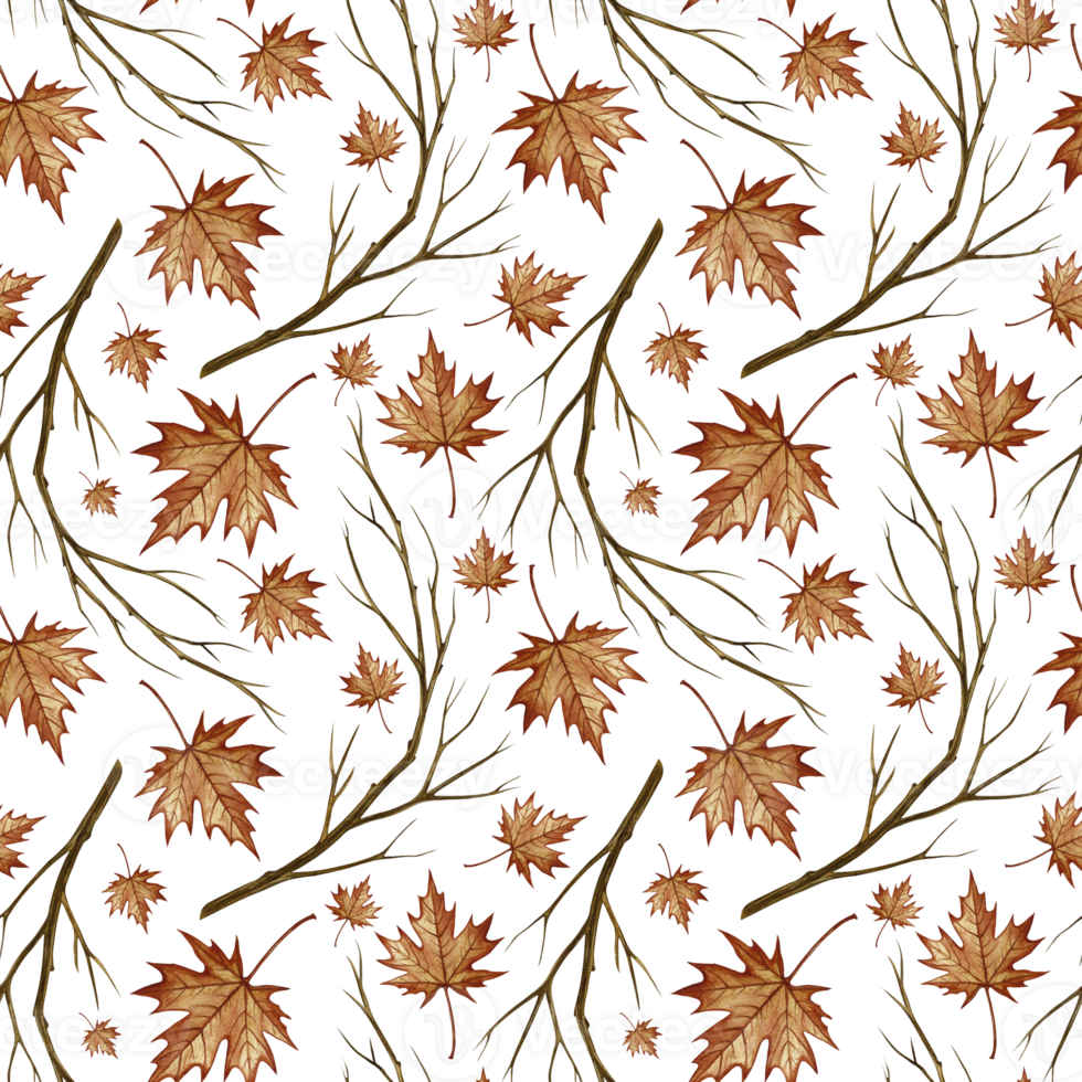 Seamless pattern with autumn maple leaves and branches. Handmade watercolor illustration. Color image. Great for packaging, decor, textiles and wallpaper, for printing and wrapping paper. png