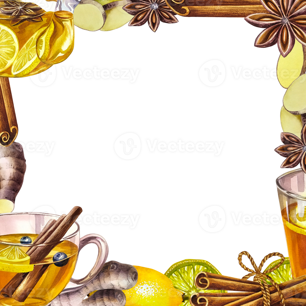 Tea frame. Fragrant antiviral tea with lemon, cinnamon and ginger and honey. Glass teapot and cup with vitamin png