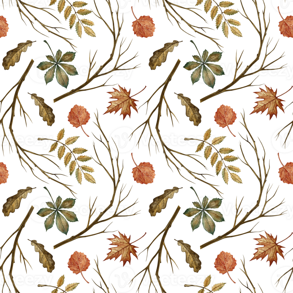 Seamless pattern with different autumn leaves and branches. Handmade watercolor illustration. Color image. Great for packaging, decor, textiles, wallpaper, for printing and wrapping paper. png
