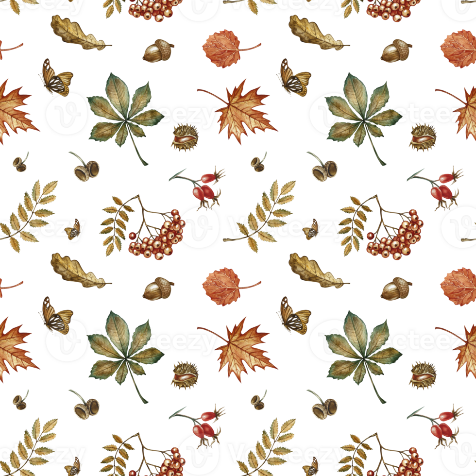 Seamless pattern with different autumn floral elements. Handmade watercolor illustration. Color image. For packaging, decor, textiles and wallpaper, for printing and wrapping paper. png