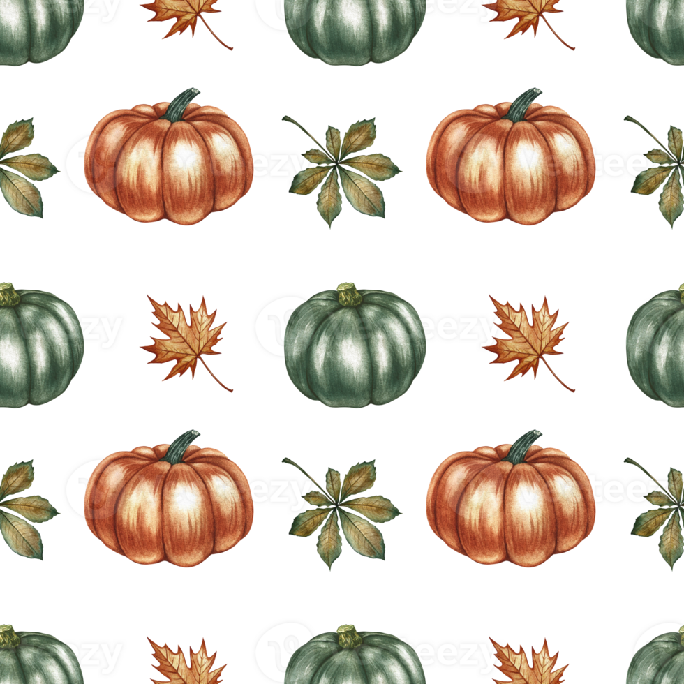 Seamless autumn pattern with pumpkins, leaves and flowers. Handmade watercolor illustration. Color image. For packaging, decor, textiles and wallpaper. As well as for printing, wrapping paper. png