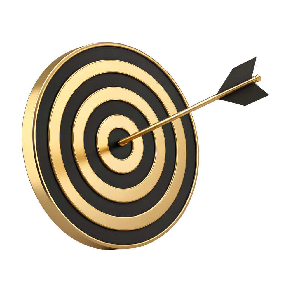 A black and gold dartboard with an arrow hitting the center bullseye illustrating achievement success goal target focus ambition png