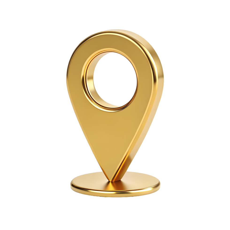 Elegant golden location pin marker symbol on a stand A 3D rendering of a luxurious gold map pointer ideal for navigation apps websites or location based business concepts png