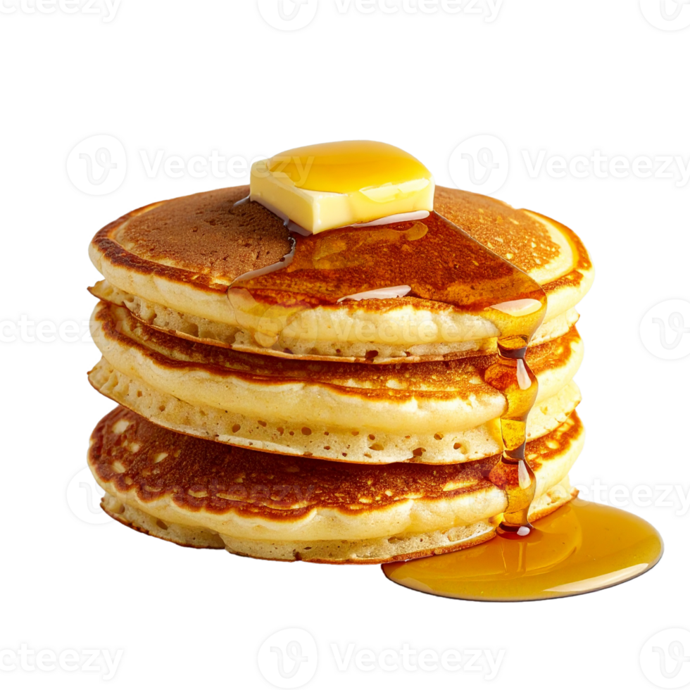 Three stack of fluffy Pancakes with butter syrup, transparent background png