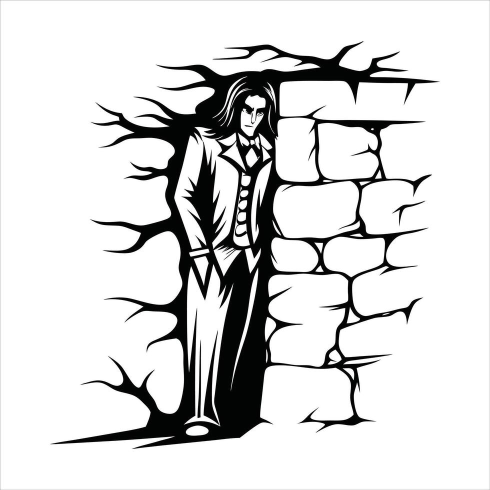 elegant vampire leaning against an ancient wall vector