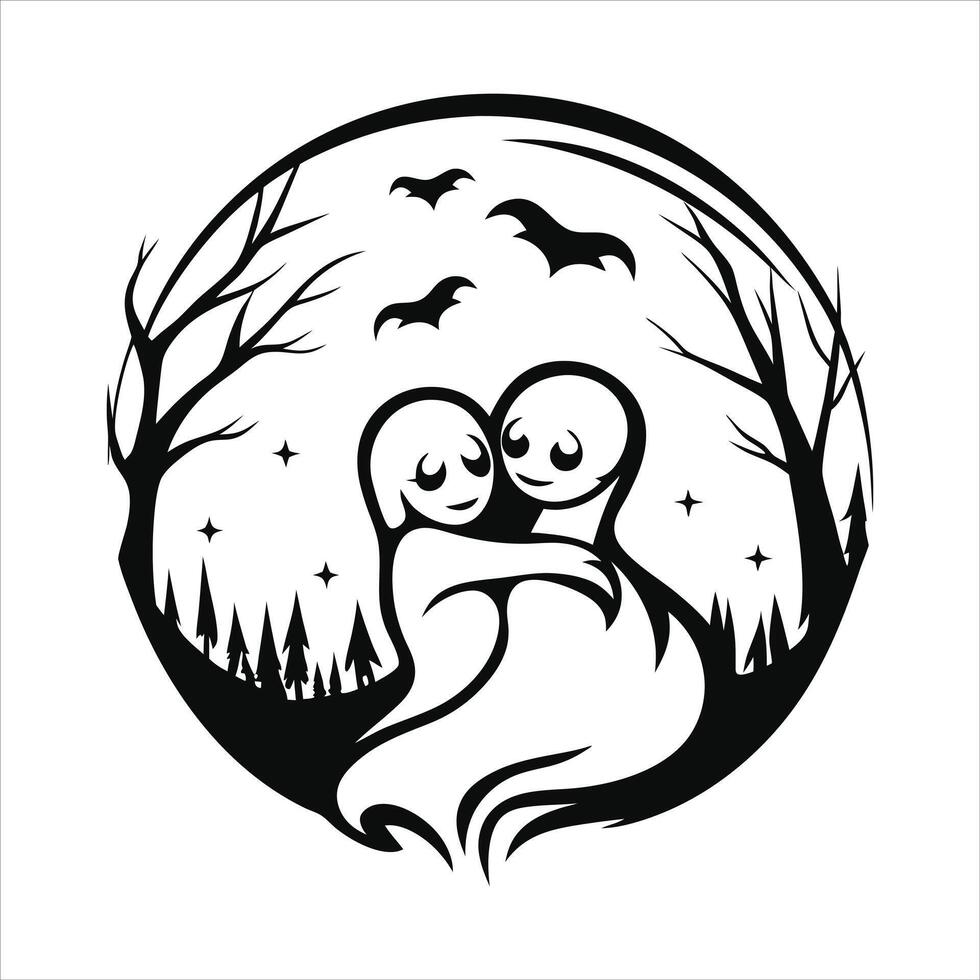 romantic ghost couple under moonlight soft lines vector