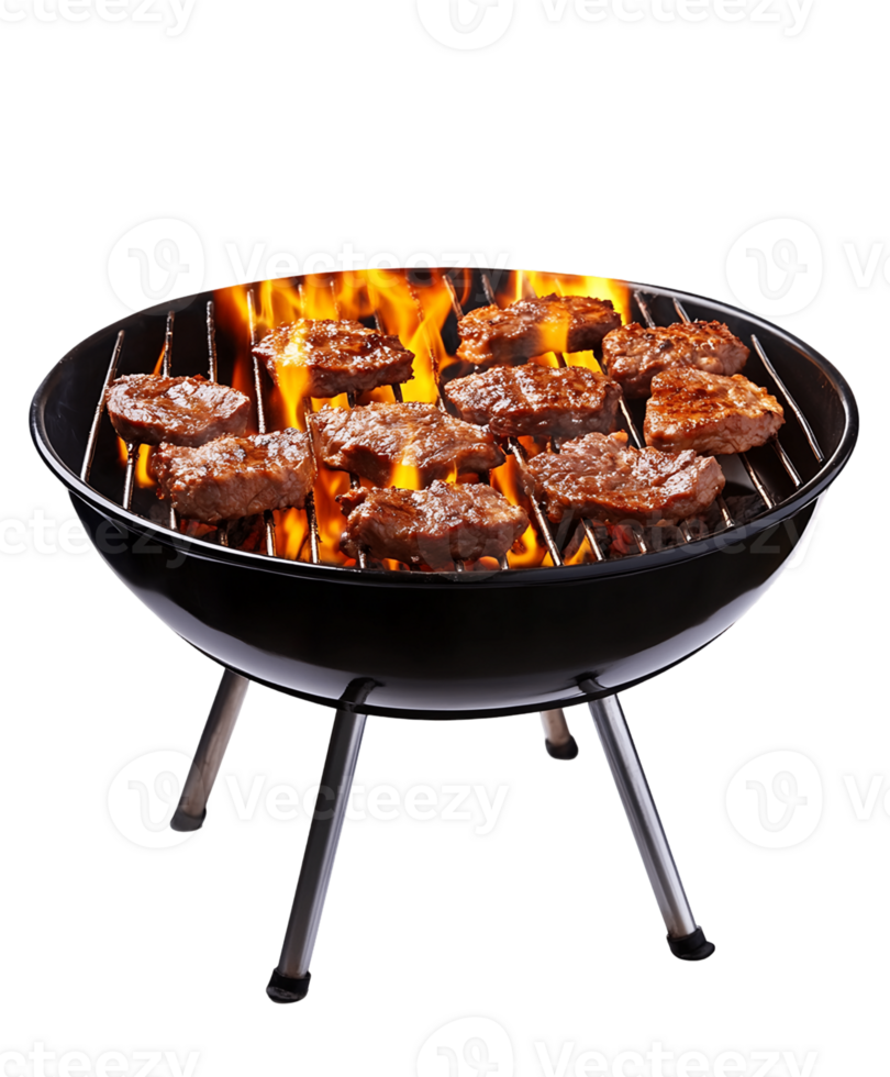 Grilled Meat on Black Charcoal Grill with Bright Flames png