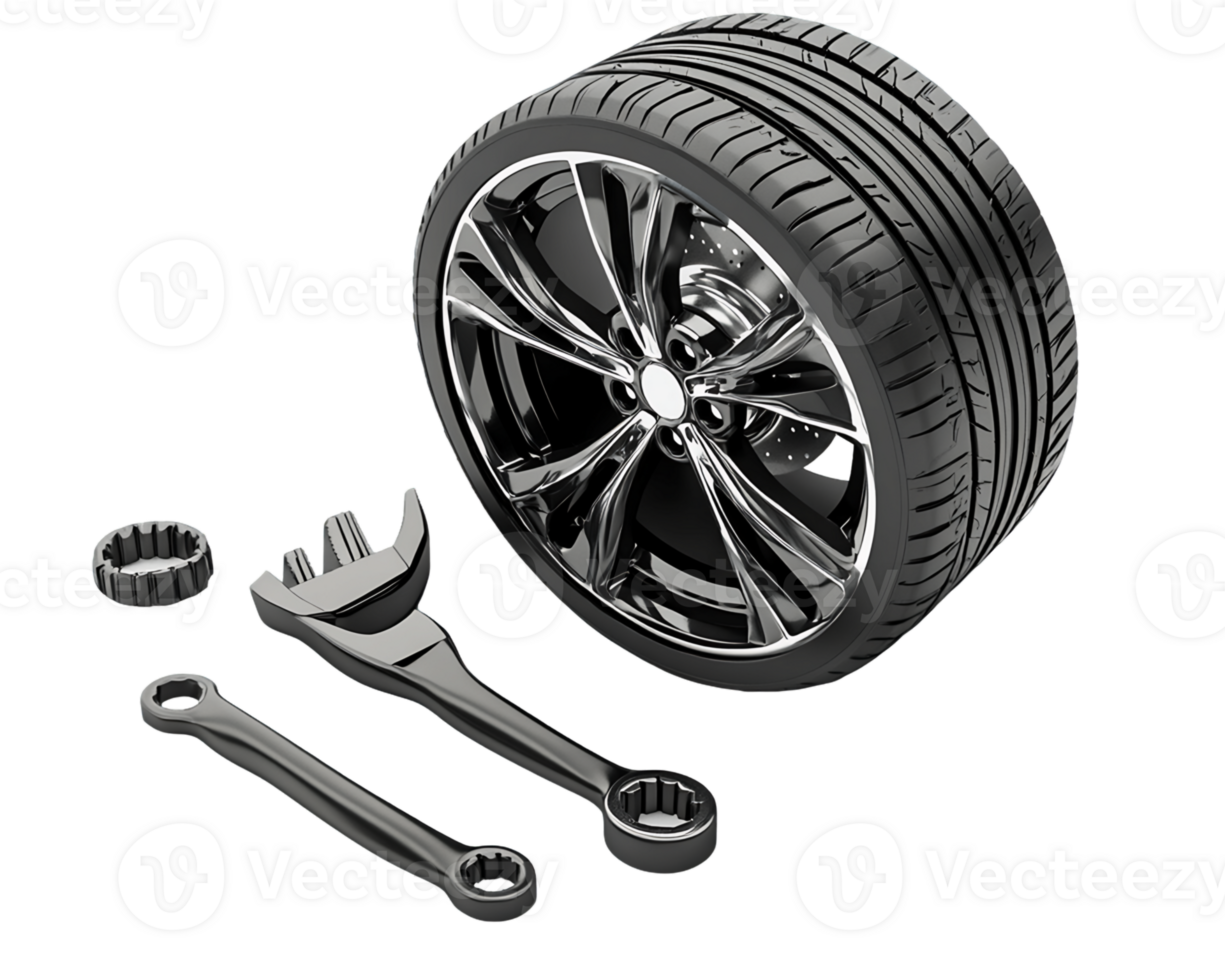 Car Tire with Repair Tools on Transparent Background png