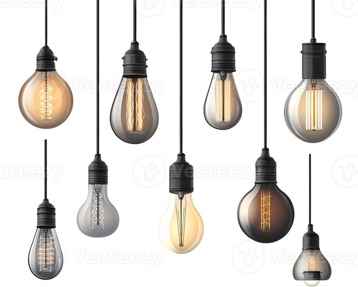 Collection of Glowing Vintage Edison Light Bulbs on Transparent Background png