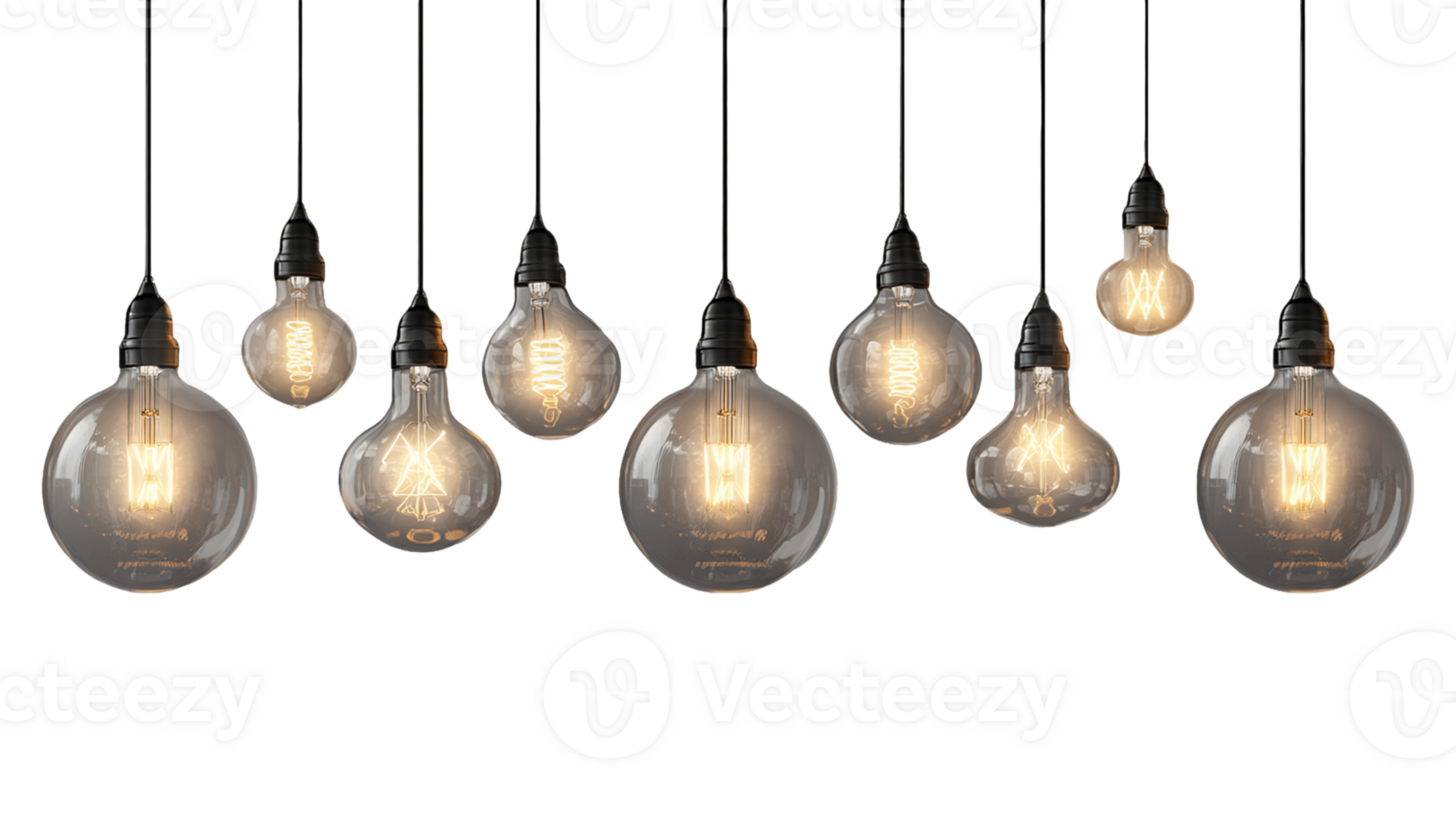 Collection of Glowing Edison Bulbs Hanging Against a Transparent Background png
