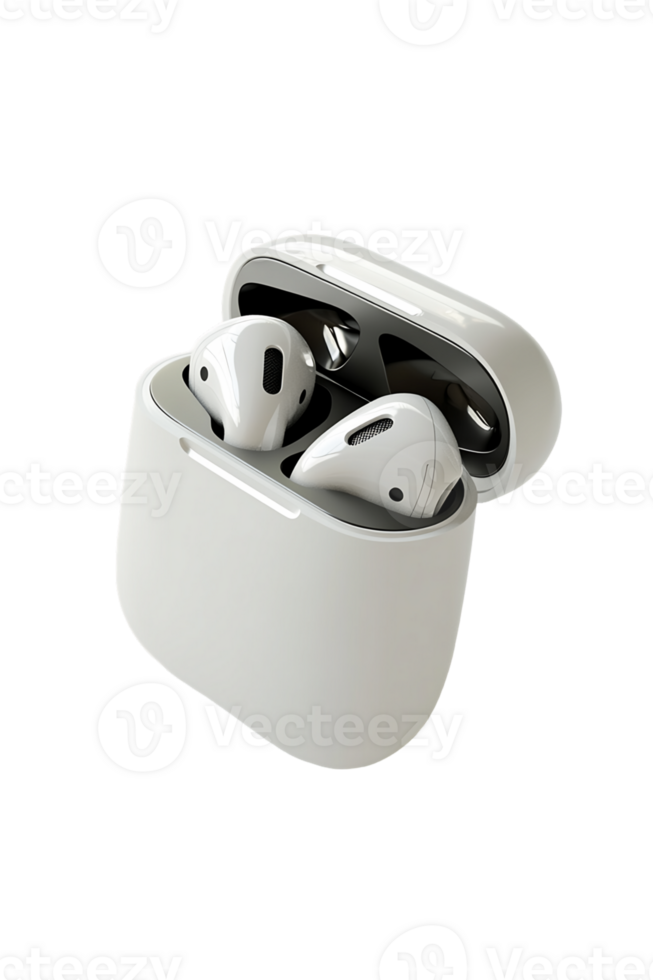 White Wireless Earbuds in Open Charging Case on Transparent Background png
