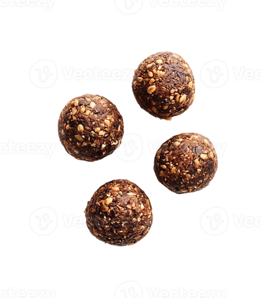 Overhead View of Four Dark Brown Energy Balls with Nut Topping on Transparent Background png
