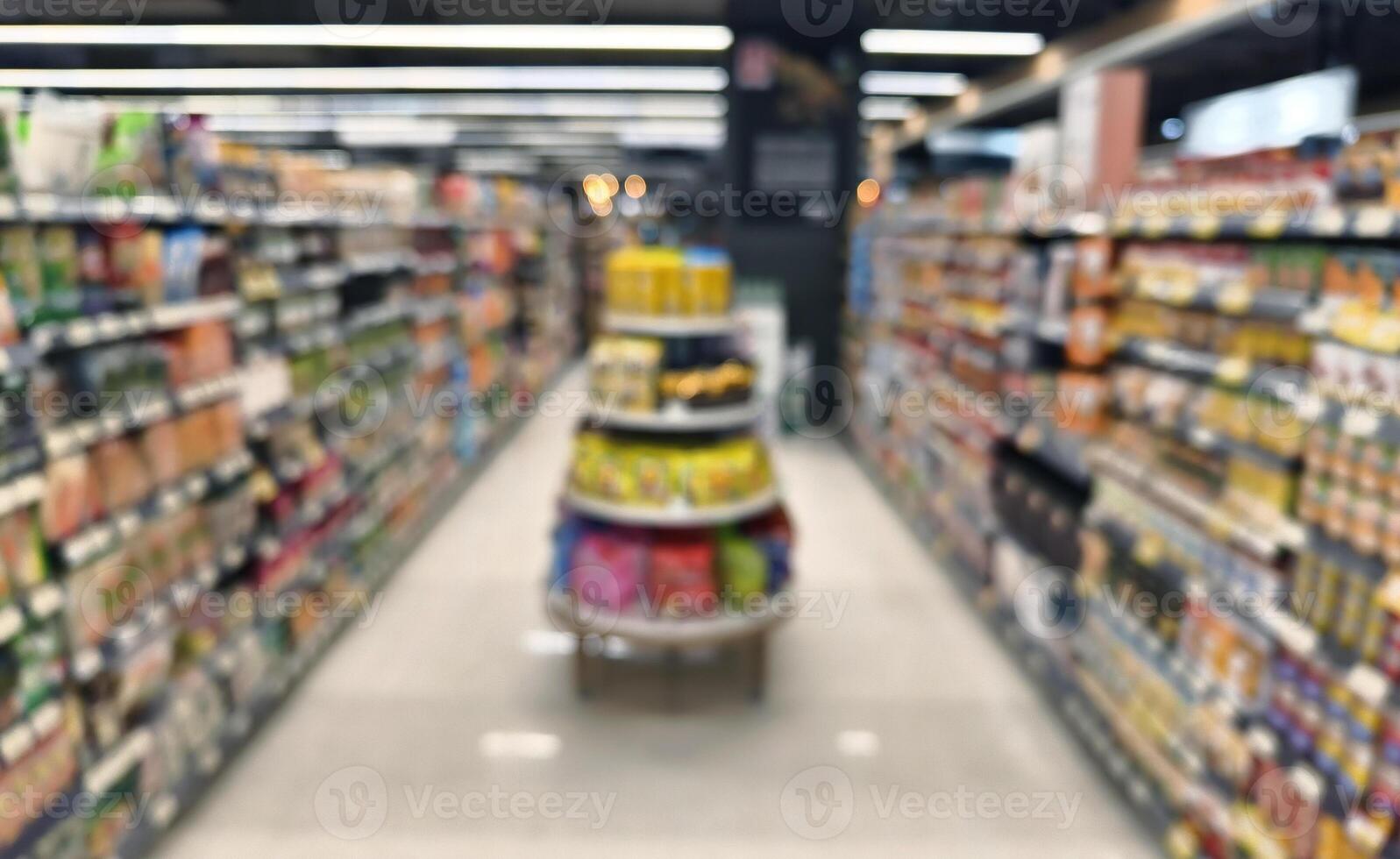 Blurry image of a grocery store with many shelves and displays photo