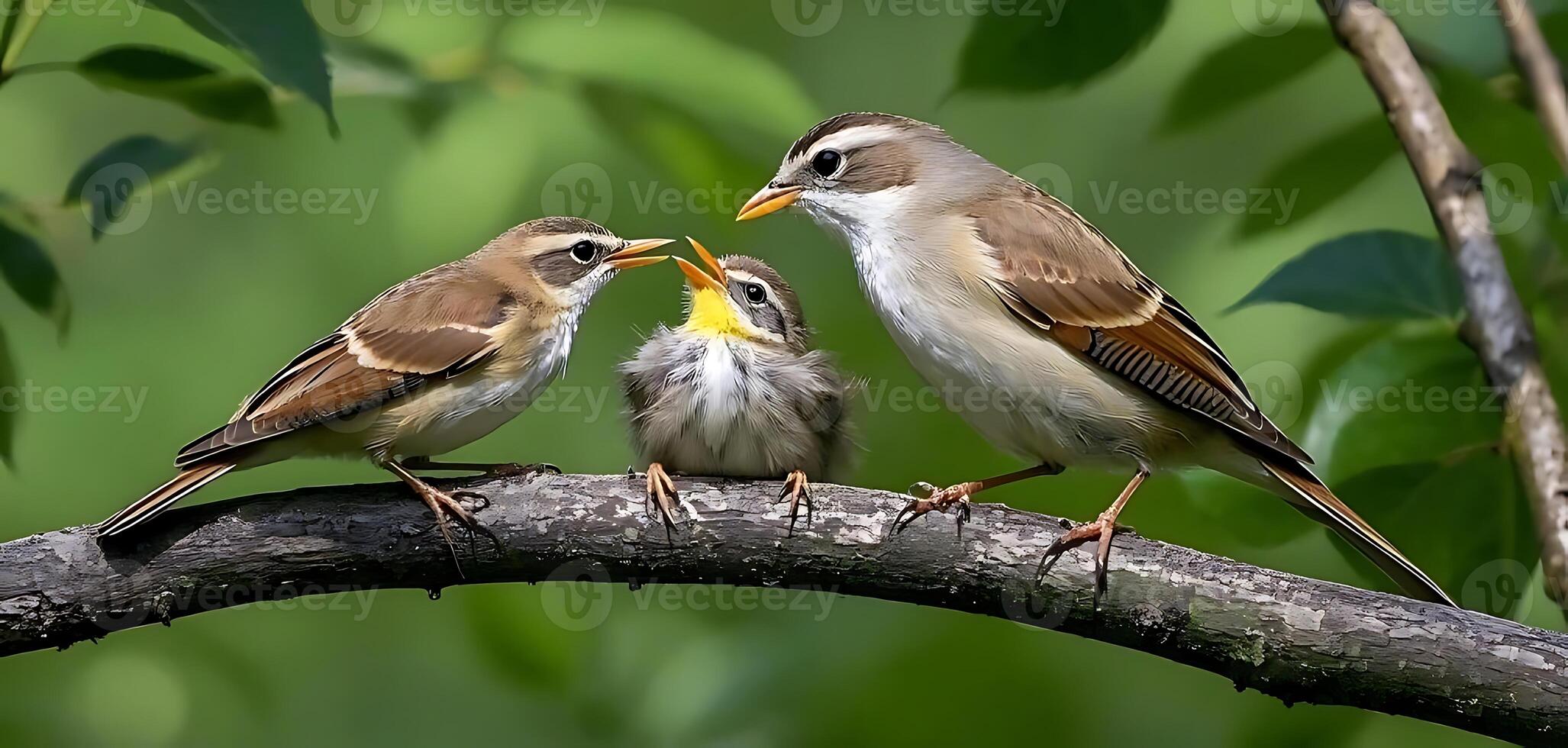 A mother bird is feeding one of her three children on a tree branch2 photo