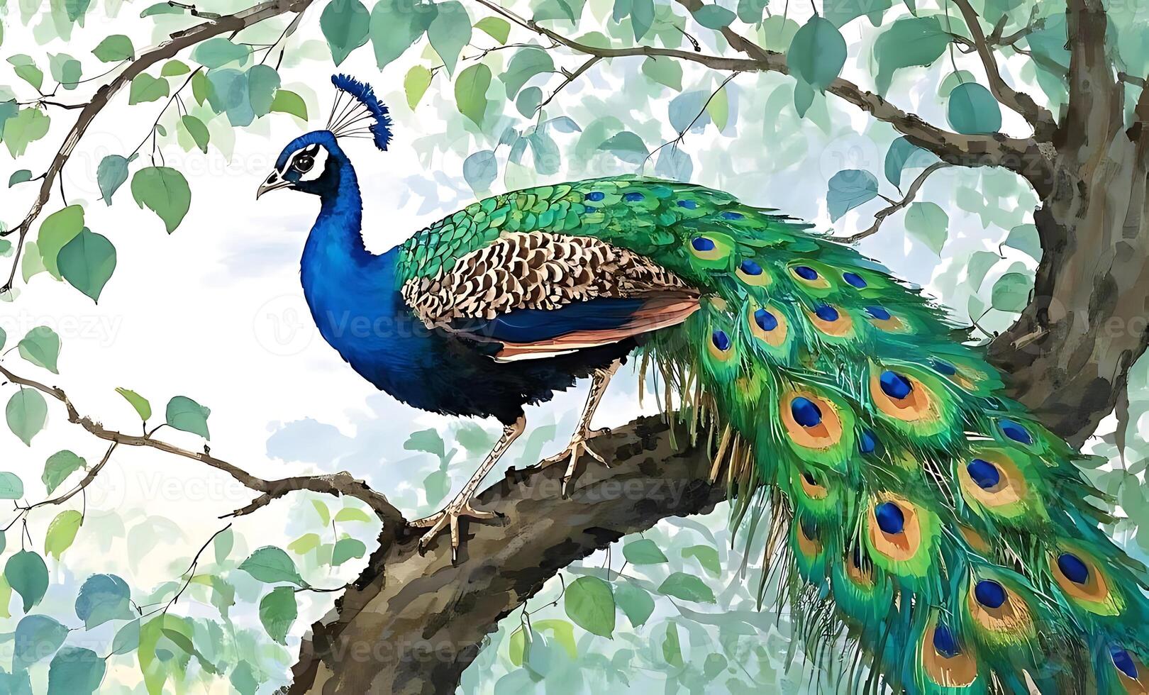 A beautiful watercolor painting of a peacock on a tree with a white background photo