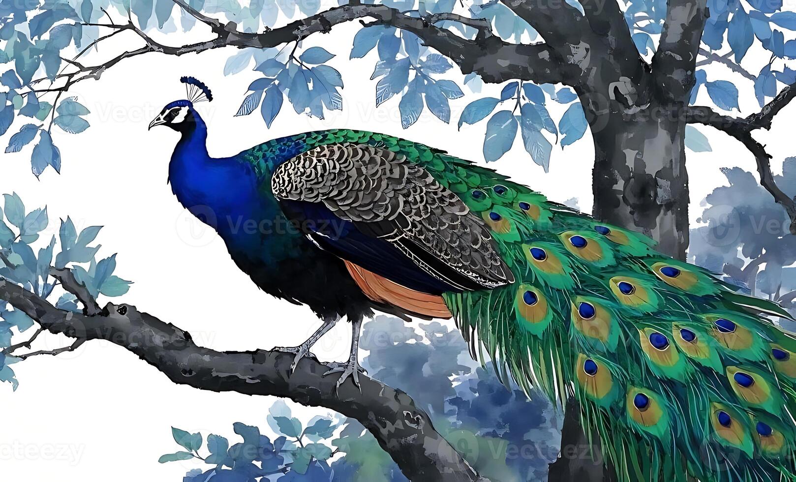 A beautiful watercolor painting of a peacock on a tree with a white background 2 photo