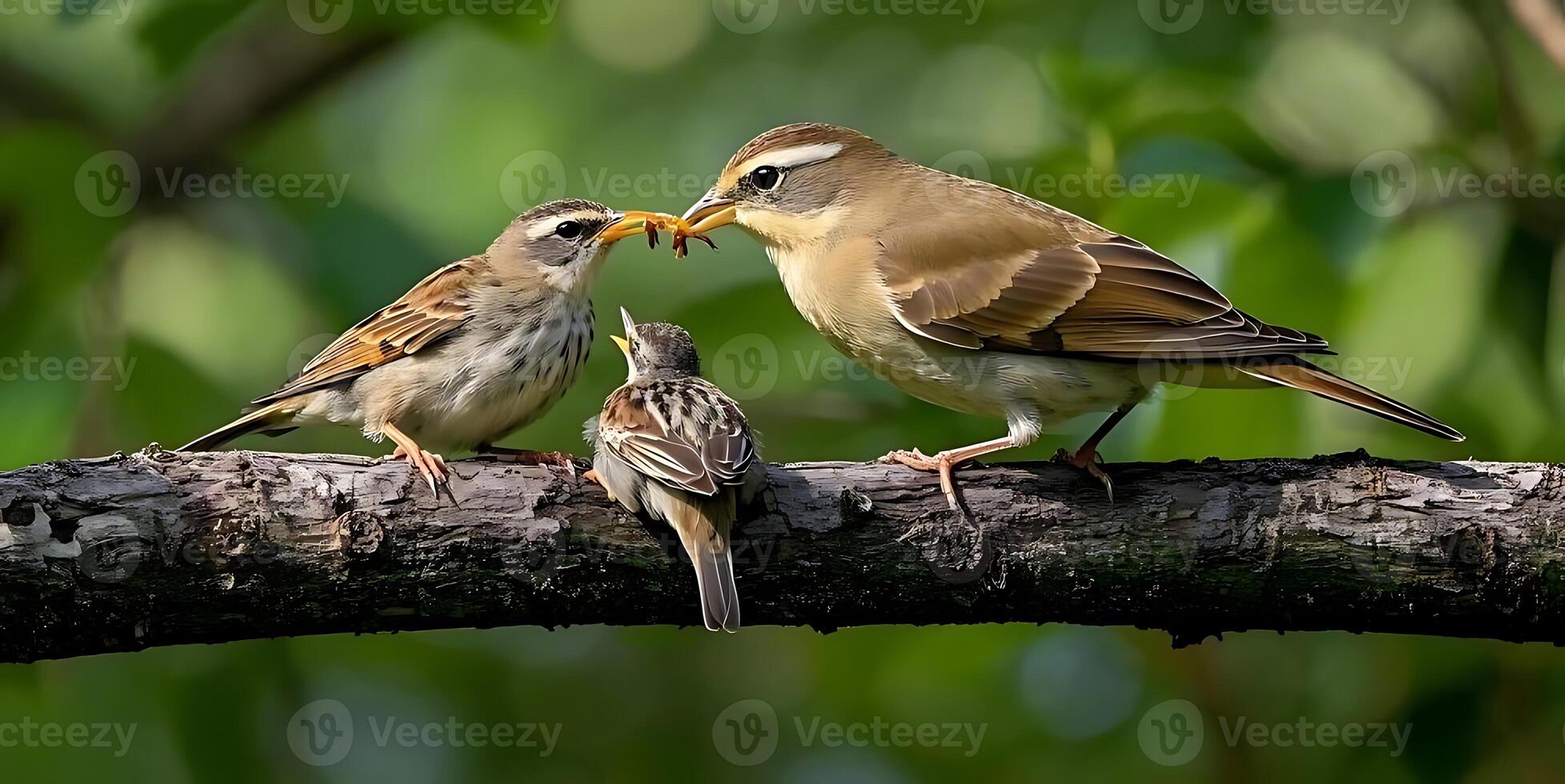 A mother bird is feeding one of her three children on a tree branch1 photo