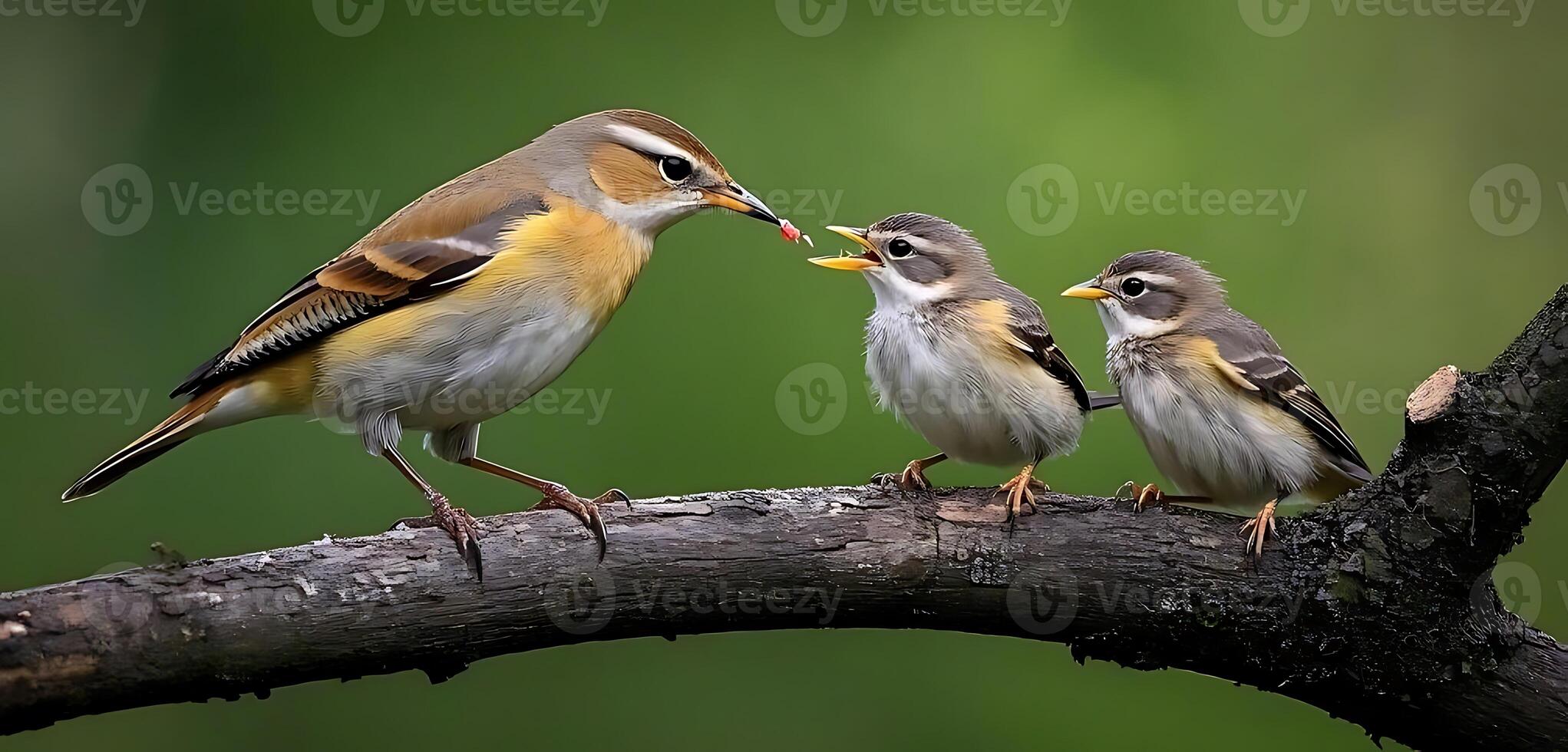 A mother bird is feeding one of her three children on a tree branch photo