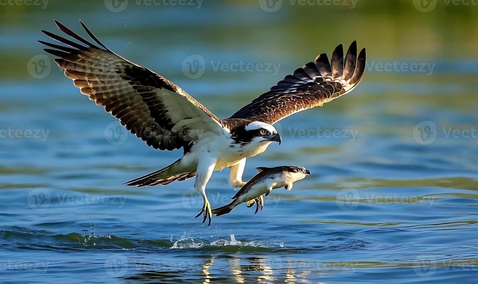 A large Osprey fishing in a pond and flying with a large fish 1 photo