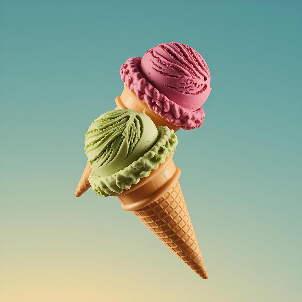 Two ice cream cones are shown against a blue sky photo