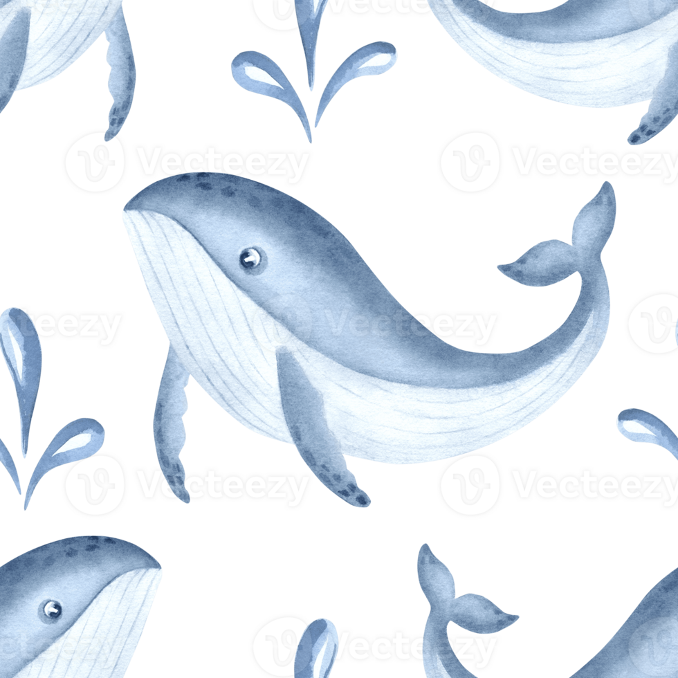 Blue whale and water drops watercolor seamless pattern for kids designs. Cute sea animal character illustration for baby designs. Hand drawn underwater inhabitants. Marine mammal in cartoon style. png