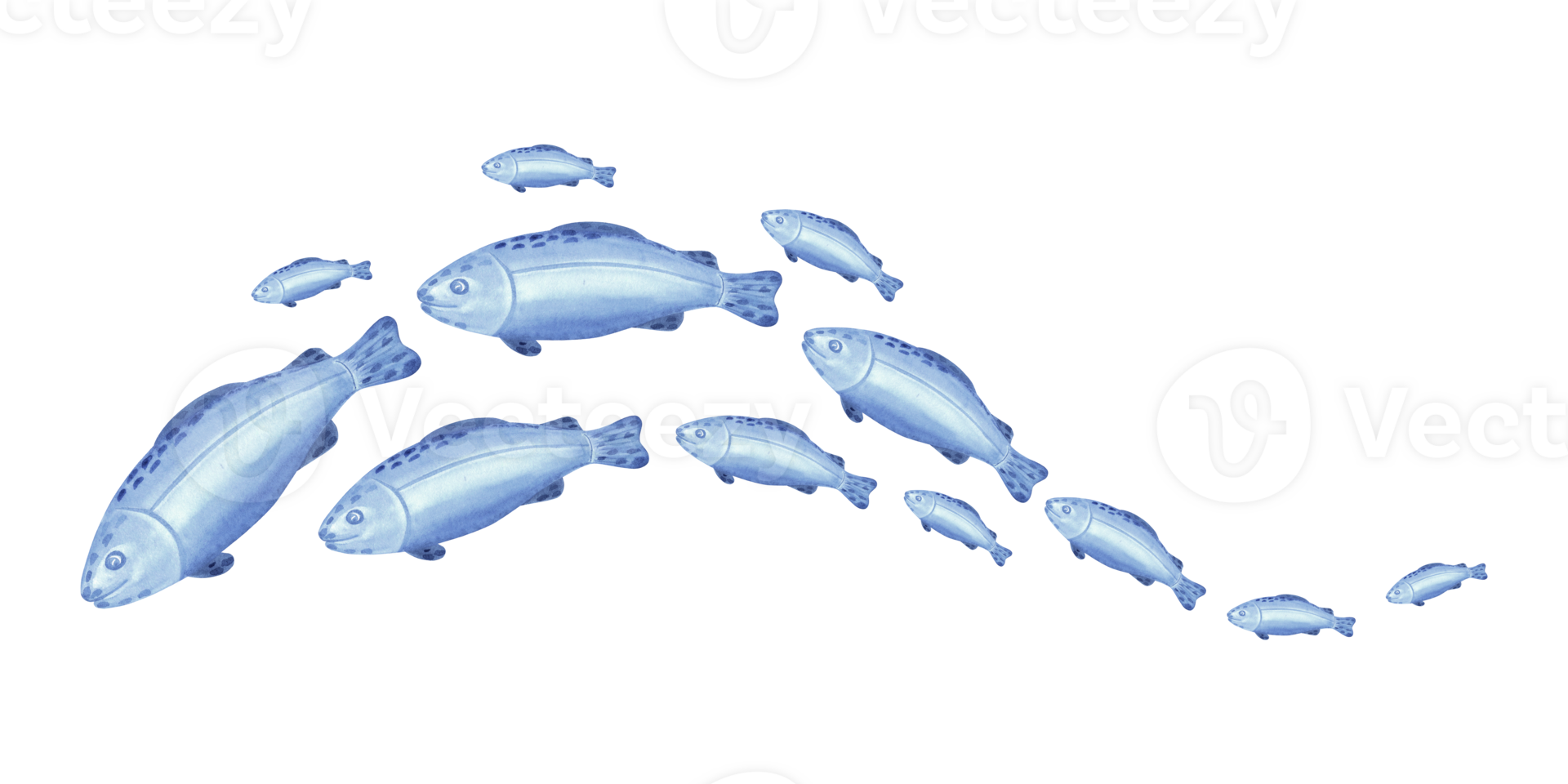 Flock of blue fish in wave shape watercolor illustration for kids design. Hand drawn isolated of cute marine swimming animal character. Underwater ocean inhabitants in cartoon style for baby textile. png