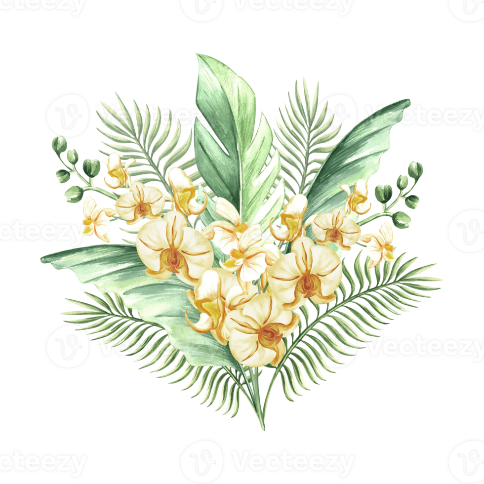 Watercolor tropical leaves and yellow orchid flowers isolated illustration for summer rainforest designs. Hand drawn greenery, phalaenopsis branch and jungle plants in realistic botanical style. png