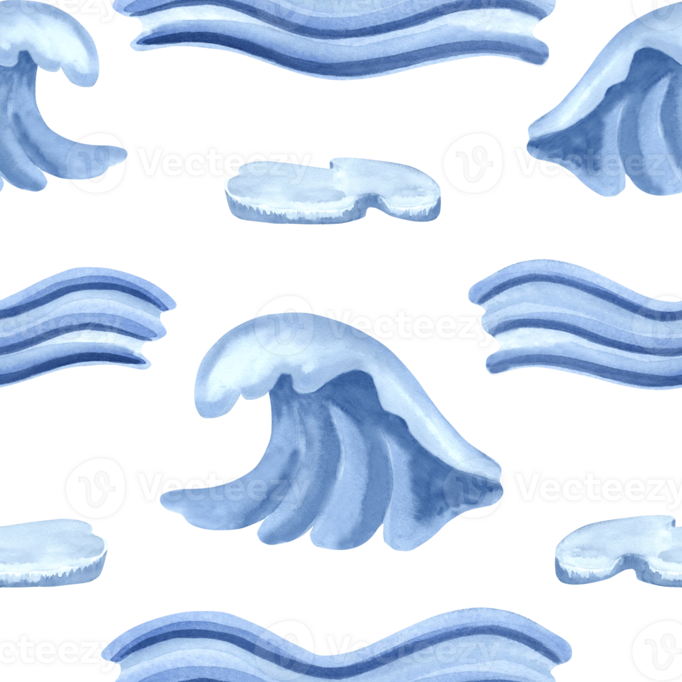 Blue sea waves and ice floes watercolor seamles pattern for arctic designs. Hand drawn illustration abstract tsunami isolated. Deep storm splashe of oceanic water. Marine template in cartoon style. png