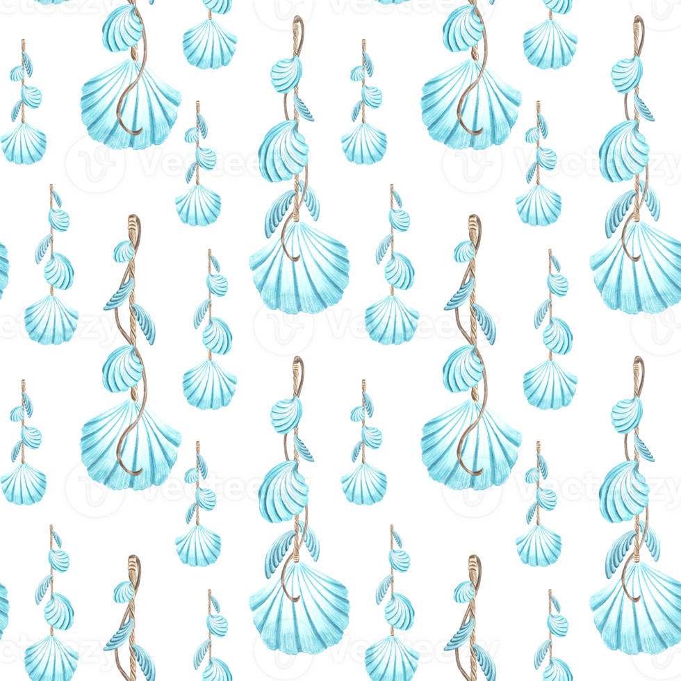 Turquoise seashells of scallops hung on rope watercolor seamless pattern. Hand drawn illustration for nautical design. Oceanic reef animals in scketch stile. Marine template for wallpaper, textile. png