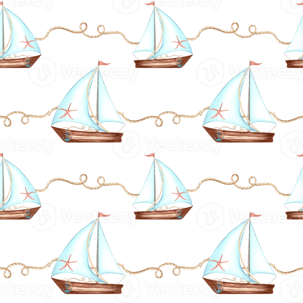 Sailboat with starfish and rope. Watercolor seamless pattern of yacht with sail and flag. Hand drawn illustration for marine background. Sea travel print. Nautical template in Mediterranean style. png