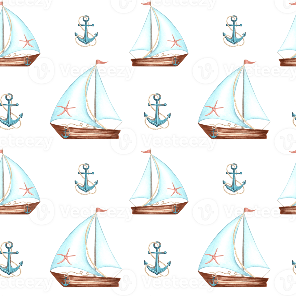 Sailboat with starfish and ropes. Watercolor seamless pattern of yacht with sail and flag. Hand drawn illustration for marine background. Sea travel print. Nautical template in Mediterranean style. png